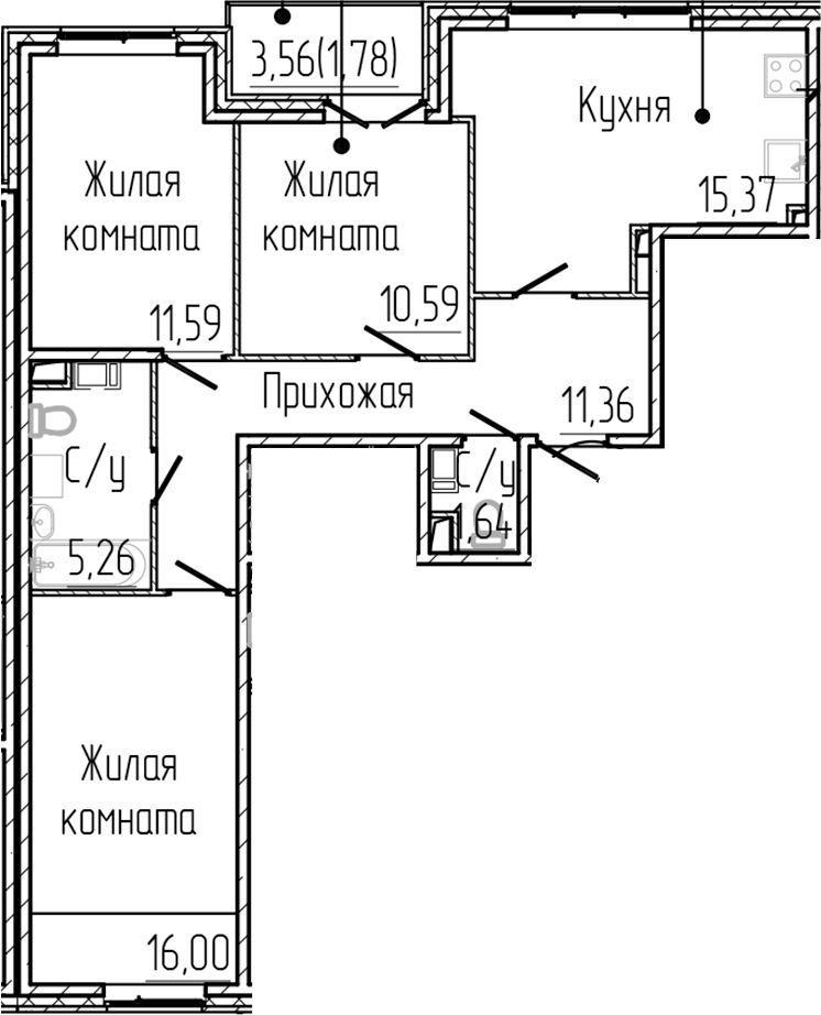 3-комнатная квартира 73.59 м², 2/8 эт., ЖК «SERTOLOVO PARK»